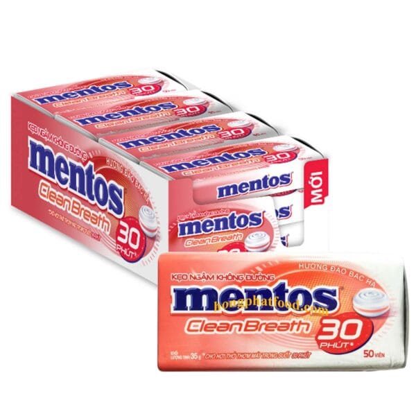 MENTOS CLEAN BREATH 30 miniues TABLET PEACH & PEPPERMINT 12 BOXES X 6 TINS X 35G