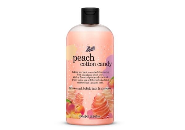 Boots Peach Cotton Candy Shower Gel, Bubble Bath & Shampoo 500ml is a delightful 3-in-1 product designed to provide a fun, fragrant, and relaxing bath or shower experience. With its sweet peach and cotton candy scent, it’s perfect for those who enjoy indulgent, candy-inspired fragrances and a convenient all-in-one solution for their body and hair care needs. Key Features: 3-in-1 Formula: This versatile product can be used as a shower gel, bubble bath, and shampoo, making it perfect for simplifying your bathing routine. Peach Cotton Candy Scent: Infused with a deliciously sweet peach and cotton candy fragrance, it creates a playful and uplifting scent experience, perfect for anyone who enjoys fruity, sugary scents. Gentle Cleansing: Formulated to gently cleanse the skin and hair without stripping moisture, leaving both feeling soft and refreshed. Rich Lather: Creates a bubbly, foamy lather that enhances both bath and shower experiences, as well as providing a relaxing bubble bath. 500ml Size: The large 500ml bottle offers great value and long-lasting use, making it ideal for daily use or for families. Benefits: For All Skin Types: Suitable for most skin types, including sensitive skin, providing a gentle and nourishing cleanse. Moisturizing & Softening: Helps keep your skin and hair feeling soft and hydrated, with a nourishing formula. Convenient 3-in-1 Use: Perfect for those who prefer a simple, multi-purpose product for all their bathing needs. Sweet & Fruity Fragrance: The delightful peach and cotton candy fragrance adds a fun, sweet touch to your shower or bath, leaving you smelling wonderful all day. This product is ideal for anyone looking for a multi-functional, indulgent, and fun body and hair care solution with a sweet, fruity scent.