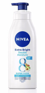 NIVEA EXTRA BRIGHT DOUBLE MOISTURE BODY LOTION Formulated with 40X Vitamin C from 8 Super Foods and Vitamin E for radiant moisturised skin in weeks. Light texture and non-sticky lotion