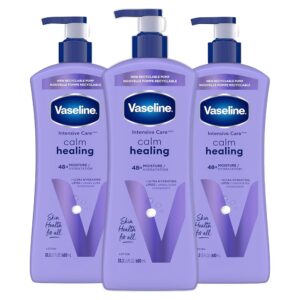 Vaseline Calm Healing Lotion helps heal and restore dry skin. This dermatologist-tested, fast-absorbing lotion will help skin looking healthy, while promoting a relaxing moment.