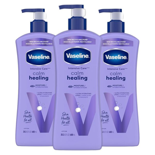 Vaseline Calm Healing Lotion helps heal and restore dry skin. This dermatologist-tested, fast-absorbing lotion will help skin looking healthy, while promoting a relaxing moment.