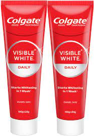 Colgate Visible White toothpaste a teeth whitening product comes with multiple benefits helping fight cavities and plaque build-up. Our Colgate toothpaste has a refreshing minty flavor that gives you fresher breath as well.RECOMMENDED ORAL CARE ROUTINE: Brush your teeth twice daily for 2 minutes with Colgate toothpaste, rinse with mouthwash for 30 seconds, & replace your toothbrush every 3 months to keep teeth & gums healthy, preventing tooth decay, gum disease & bad breath. CERTIFIED BY THE INDIAN DENTAL ASSOCIATION: